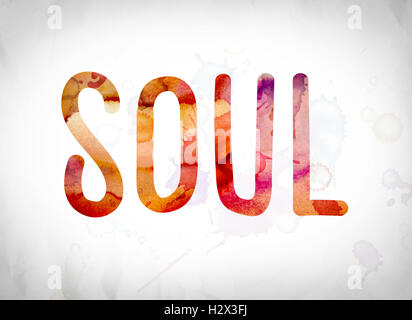 The word 'Soul' written in watercolor washes over a white paper background concept and theme. Stock Photo
