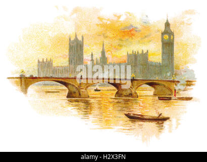 Colour illustration of the Houses Of Parliament and Westminster Bridge over the River Thames in London, England Stock Photo