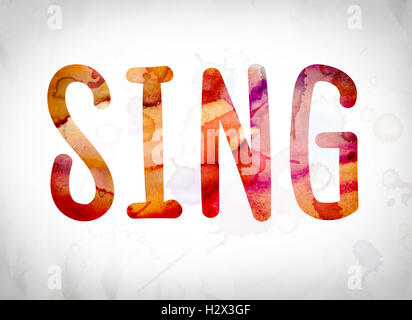 The word 'Sing' written in watercolor washes over a white paper background concept and theme. Stock Photo