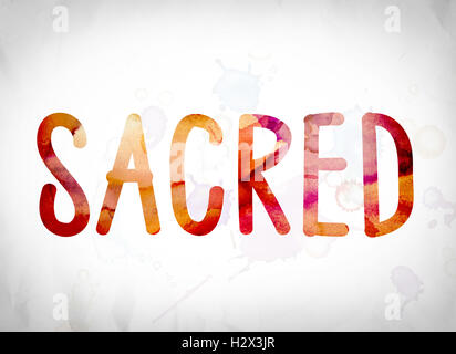 The word 'Sacred' written in watercolor washes over a white paper background concept and theme. Stock Photo