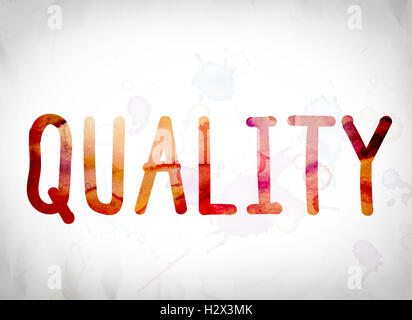 The word 'Quality' written in watercolor washes over a white paper background concept and theme. Stock Photo