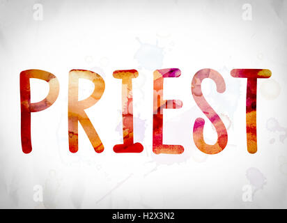 The word 'Priest' written in watercolor washes over a white paper background concept and theme. Stock Photo