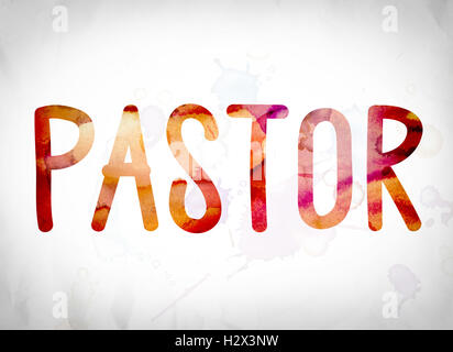 The word 'Pastor' written in watercolor washes over a white paper background concept and theme. Stock Photo