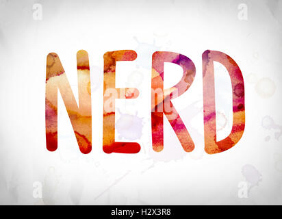 The word 'Nerd' written in watercolor washes over a white paper background concept and theme. Stock Photo