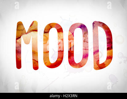 The word 'Mood' written in watercolor washes over a white paper background concept and theme. Stock Photo