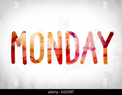 The word 'Monday' written in watercolor washes over a white paper background concept and theme. Stock Photo