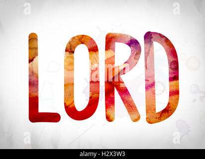 The word 'Lord' written in watercolor washes over a white paper background concept and theme. Stock Photo
