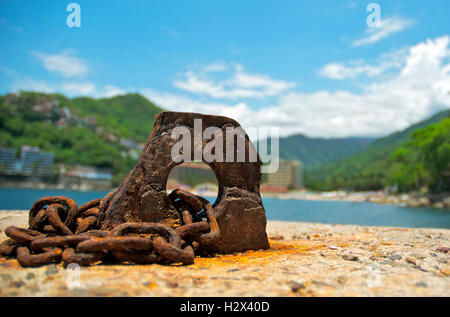 Close Up of Rusty Anchor and Chain on Mismaloya Beach, Mexico Stock Photo