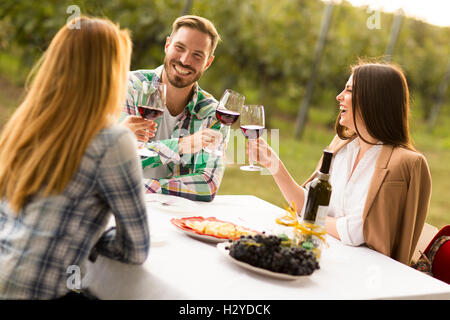 Young people enjoy dinner and wine tasting in the vineyard Stock Photo