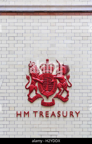 HM Treasury sign on the outside of the building, Whitehall, Westminster, London