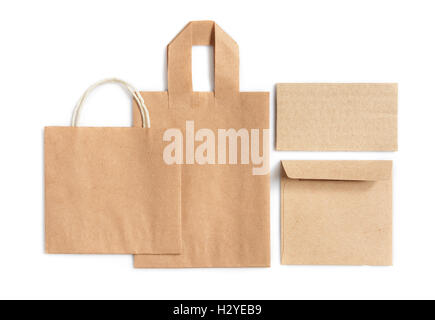 Mock up with craft bag and envelope isolated on white for design. Stock Photo