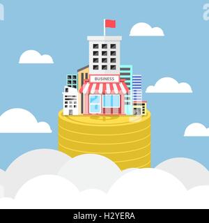 Business building growing on dollar coins, real estate and economic concpet Stock Vector