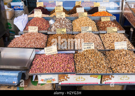Athinas Street dried nuts shop outside the Central market, Athens, Greece Stock Photo