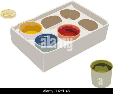 The set of gouache paints in a box. Opened can and cap Stock Vector
