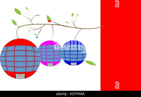 Three round houses with a tiled roof, hang on a branch Stock Vector