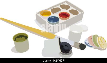 The set of gouache paints in a box and brush Stock Vector