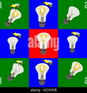 Mosaic: bees on lamps with the fire inside, some broken, placed in colored squares. Pattern Stock Vector