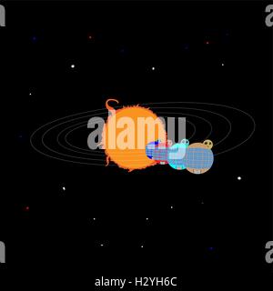planets in the form of round houses, in orbit around the Sun Stock Vector