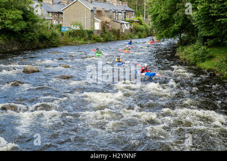 A group of kayakers in Pyranha kayaks kayaking down fast flowing Afon Glaslyn River in Snowdonia. Beddgelert Gwynedd Wales UK Stock Photo