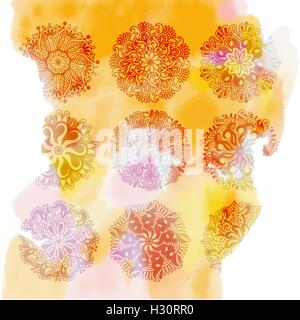 yellow watercolor splash background with 9 rangoli flower differ Stock Vector