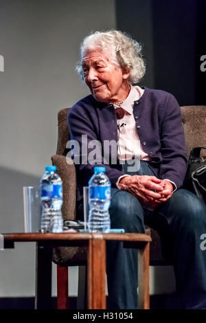 Henley-on-Thames, UK. 2nd October, 2016. Judith Kerr OBE, the famous and popular children's author and illustrator, appears on stage at the Kenton Theatre in Henley-on-Thames in conversation with Nicolette Jones, Children's Books Reviewer of The Sunday Times, as part of the Henley Literary Festival 2016.  Now 93, Judith Kerr, whose works include iconic books about Mog the cat and The Tiger Who Came to Tea, reminisced about her childhood escape from Germany, discussed the inspirations for her books and illustrations and read from her latest book, Mister Cleghorn's Seal. © Graham Prentice/A Stock Photo