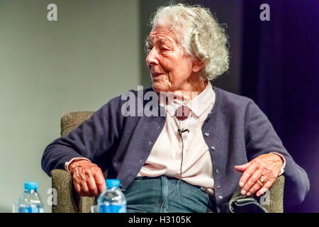 Henley-on-Thames, UK. 2nd October, 2016. Judith Kerr OBE, the famous and popular children's author and illustrator, appears on stage at the Kenton Theatre in Henley-on-Thames in conversation with Nicolette Jones, Children's Books Reviewer of The Sunday Times, as part of the Henley Literary Festival 2016.  Now 93, Judith Kerr, whose works include iconic books about Mog the cat and The Tiger Who Came to Tea, reminisced about her childhood escape from Germany, discussed the inspirations for her books and illustrations and read from her latest book, Mister Cleghorn's Seal. © Graham Prentice/A Stock Photo