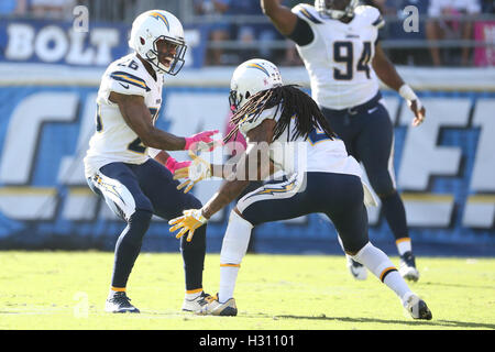 San Diego, CA, USA. 2nd Oct, 2016. October 2, 2016: San Diego Chargers defensive back Casey Hayward (26) and San Diego Chargers kicker Josh Lambo (2) celebrate after making a big defensive stop in the game between the New Orleans Saints and San Diego Chargers, Qualcomm Stadium, San Diego, CA. Peter Joneleit/ ZUMA Wire Service Credit:  Peter Joneleit/ZUMA Wire/Alamy Live News Stock Photo