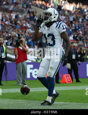 Indianapolis Colts T.Y. Hilton celebrates scoring his side's second touchdown of the game during the NFL International Series match at Wembley Stadium, London. Stock Photo