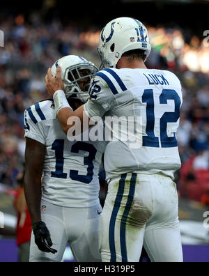 Indianapolis Colts T.Y. Hilton (left)celebrates scoring his side's second touchdown of the game with team mate Andrew Luck during the NFL International Series match at Wembley Stadium, London. Stock Photo