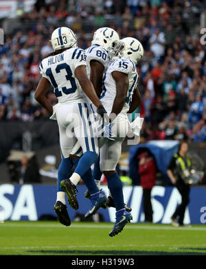 Indianapolis Colts' Phillip Dorsett (right) celebrates scoring his side's third touchdown of the game during the NFL International Series match at Wembley Stadium, London. Stock Photo