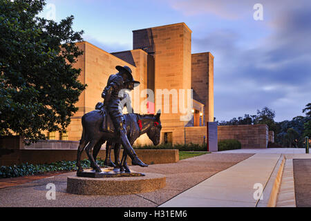 Australian ANZAC war hero and donkey in memory of field ambulance historic sculpture in Canberra near War Memorial. Stock Photo