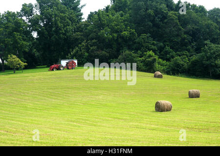 Hay bales and tractor on green field Stock Photo