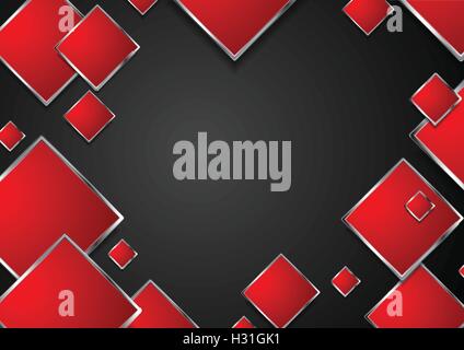 Abstract red geometric squares with metallic frame on black background. Vector design Stock Vector