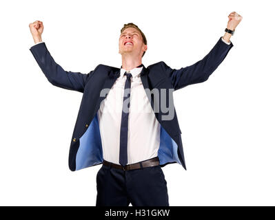 Happy young businessman raised fists Stock Photo