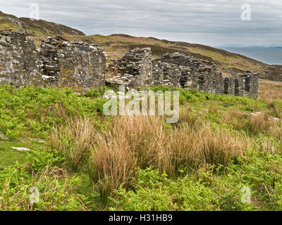 Row of ruined houses in abandoned settlement of Riasg Buidhe, Isle of Colonsay, Scotland, UK. Stock Photo