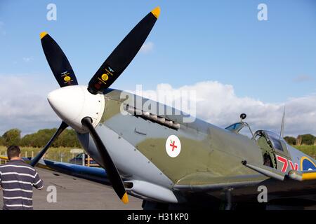 Spitfire at Dunkeswell airfield in Devon which appears in flying scenes  in the 2017 film Dunkirk, a British epic war film Stock Photo