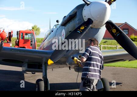 Spitfire at Dunkeswell airfield in Devon which appears in flying scenes  in the 2017 film Dunkirk, a British epic war film Stock Photo