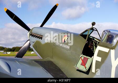 Spitfire at Dunkeswell airfield in Devon which appears in flying scenes  in the 2017 film Dunkirk, a British epic war film Stock Photo