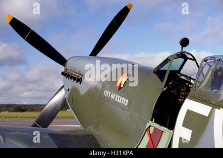 Spitfire at Dunkeswell airfield in Devon which appears in flying scenes  in the 2017 film Dunkirk, a British epic war film Stock Photo