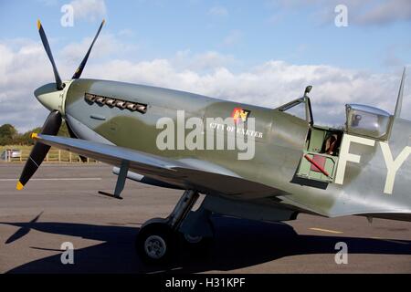 Spitfire at Dunkeswell airfield in Devon which appears in flying scenes  in the 2017 film Dunkirk, a British epic war film Stock Photo