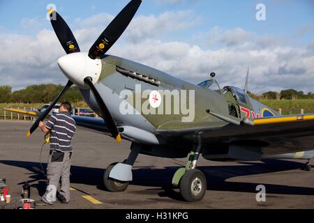 Spitfire at Dunkeswell airfield in Devon which appears in flying scenes  in the 2017 film Dunkirk, a British epic war film Stock Photo