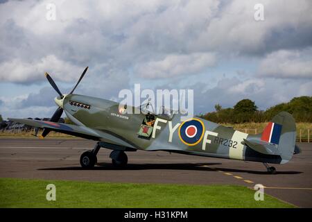 Spitfire at Dunkeswell airfield in Devon which appears in flying scenes  in the 2017 film Dunkirk, a British epic war film Stock Photo