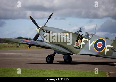 Spitfire at Dunkeswell airfield in Devon which appears in flying scenes  in the 2017 film Dunkirk, a British epic war film Stock Photo