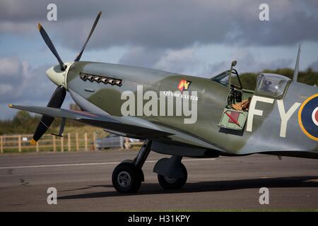 Spitfire at Dunkeswell airfield in Devon which appears in flying scenes  in the 2017 film Dunkirk, a British epic war film Stock Photo