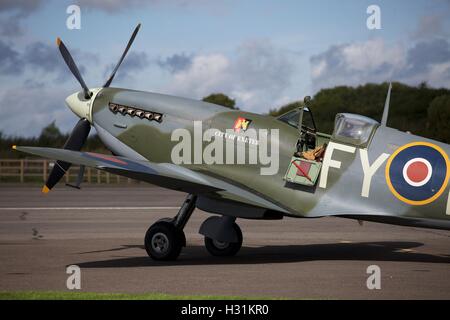 Spitfire at Dunkeswell airfield in Devon which appears in flying scenes  in the 2017 film Dunkirk, a British epic war film Stock Photo