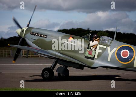 Spitfire at Dunkeswell airfield in Devon which appears in flying scenes  in the 2017 film Dunkirk, a British epic war film Stock Photo