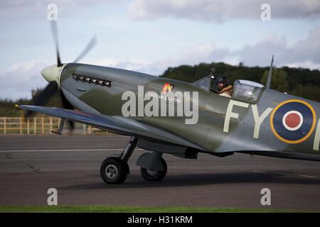 Spitfire at Dunkeswell airfield in Devon which appears in flying scenes  in the 2017 film Dunkirk, a British epic war film Stock Photo