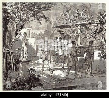 ROMAN GARDEN SCENE.   Slaves carrying their Master on a Lectica, or Litter - from 'Cassell's Illustrated Universal History' - 1882 Stock Photo