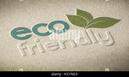 3D illustration of an eco friendly label embossed on a paper texture with blur effect. Concept of ecofriendly products or enviro Stock Photo