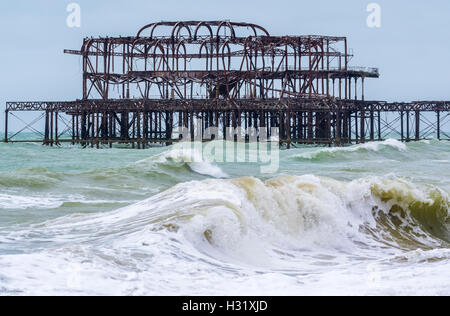 Remains of the old West Pier in Brighton, East Sussex, England, UK. Old pier Brighton. Stock Photo